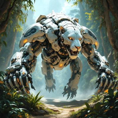 Primary subject: A white robot with a ferocious face and sharp claws.

Setting/background: The robot is standing in a forest, surrounded by trees and plants.

Visual style: The image is a digital artwork, featuring a detailed and intricate robot design.

Colors and mood: The robot has a predominantly white color scheme, with orange accents on its face and sharp claws. The overall atmosphere is intense and dramatic, as the robot appears to be a fearsome and